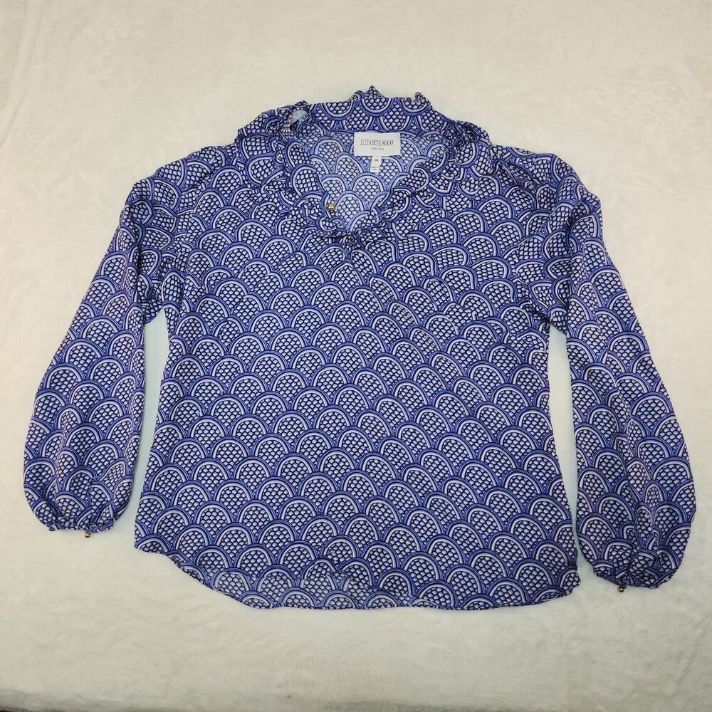 Elizabeth McKay Shirt 14 Large 100% Silk Made in USA Blue White Ruffle Gold
